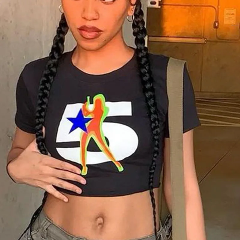 Y2K Summer Digital Printed Women's Top Street Trend Slim Fit Open Navel T-shirt for Women