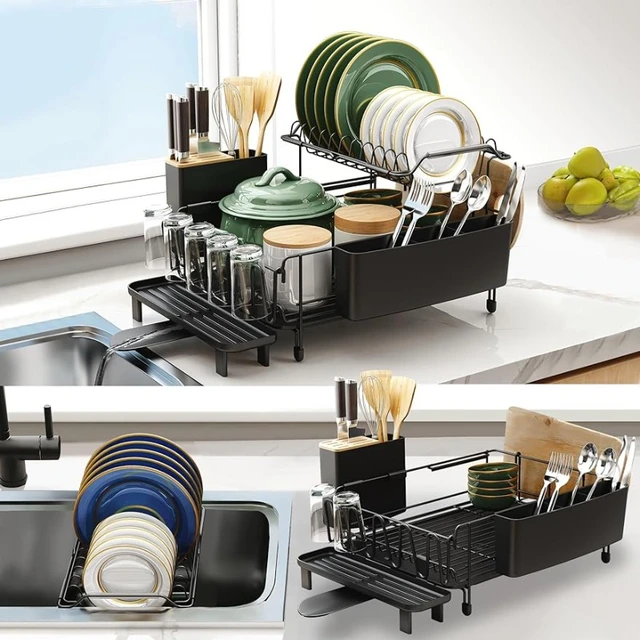 Sink Dish Drying Rack with Drip Tray, Stainless Steel Dish Drainer with  Wooden Handles and Cutlery Holder - AliExpress