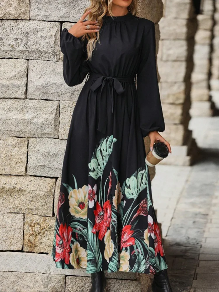 Muslim Abaya O Neck Long Sleeve One-Piece Prayer Dress Women Jilbab Islamic Clothing Dubai Saudi Patchwork Robe Turkish Modesty