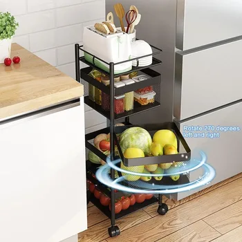 4 Tier Kitchen Storage Basket,270° Rotating Kitchen Storage Rack on Lockable Wheels for Fruits and Vegetables,for Kitchen 4