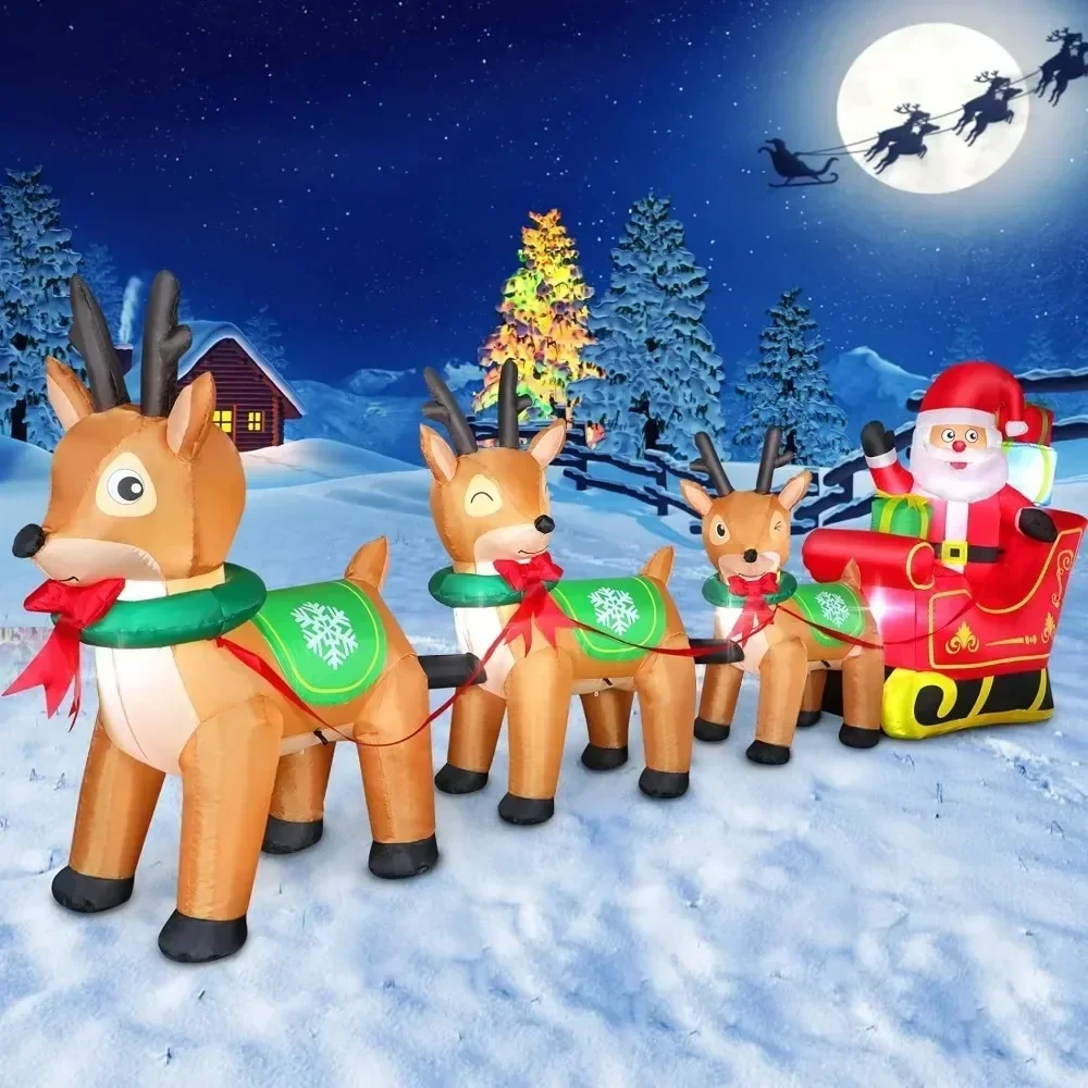 

12FT Lighted Christmas Inflatables Outdoor Decorations Reindeers Pulling Santa's Sleigh With Gift Boxes Santa Riding Sled 2024