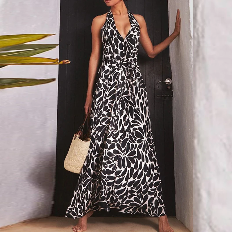 

Sexy Elegant Deep V-neck Sleeveless Backless Vocation Party Dress Women Big Hem Long Dress 2023 Luxury Polka Dot Halter Dresses