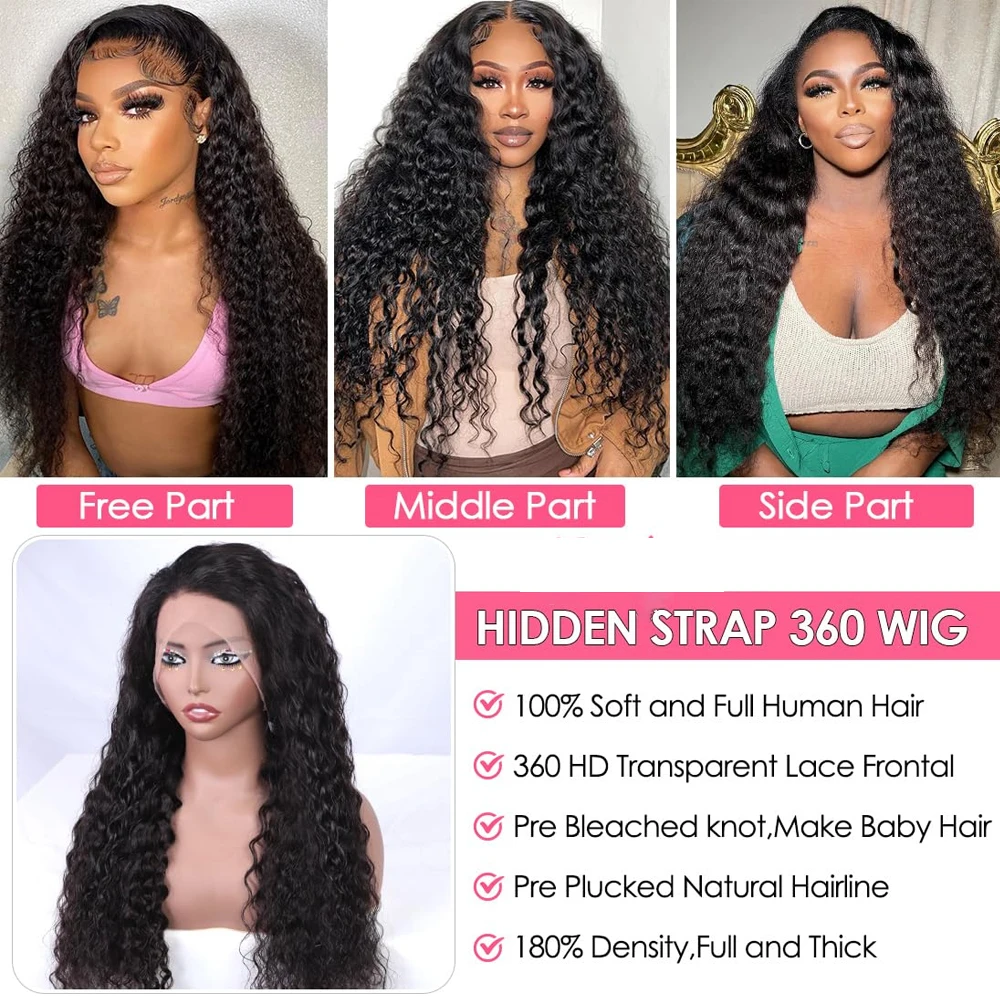 Lace Front Wig Hidden Strap 360 Full Lace Front Wig Human Hair 250 Density Water Wave Glueless Wigs Upgrade Invisible Drawstring Cap For Woman