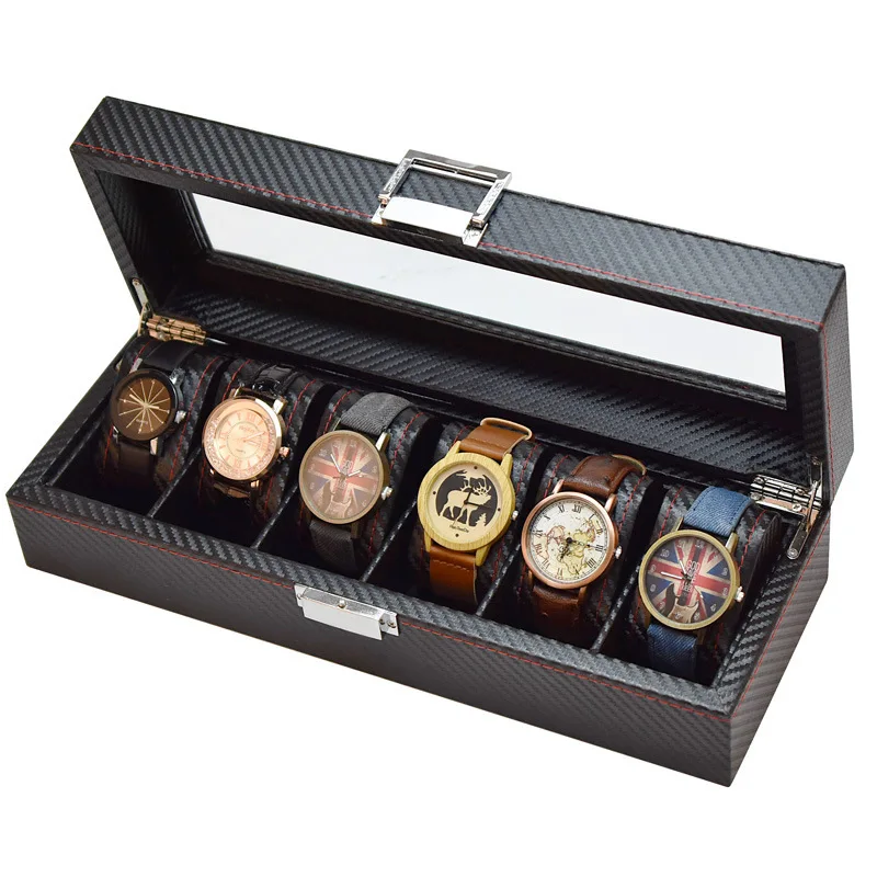 

6 Slots Carbon Fibre Watch Boxes Storage Organizer Box Carbon Fiber Men Watches Wooden Watch Box Case Display Packaging Box Gift