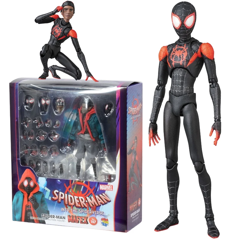 Mafex figuras de acción de Spiderman, juguetes originales 107, Spiderman  Into The Spider verse, Miles Morales, modelo móvil, estatua, muñecas, 1/12|  | - AliExpress