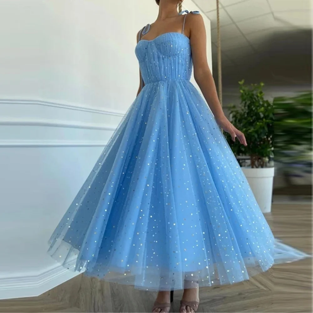 

Sequin Tulle Prom Dresses with Spaghetti Straps 2023 Sexy Tea Length Sweetheart Pleat Backless A-Line Formal Evening Party Gown