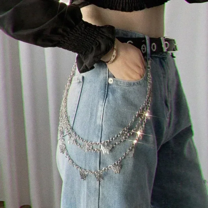 Girls Punk Street Butterfly Belt Waist Chain Women Trousers Multi-layer Hip Hop Crochet Pants Trousers Accessories