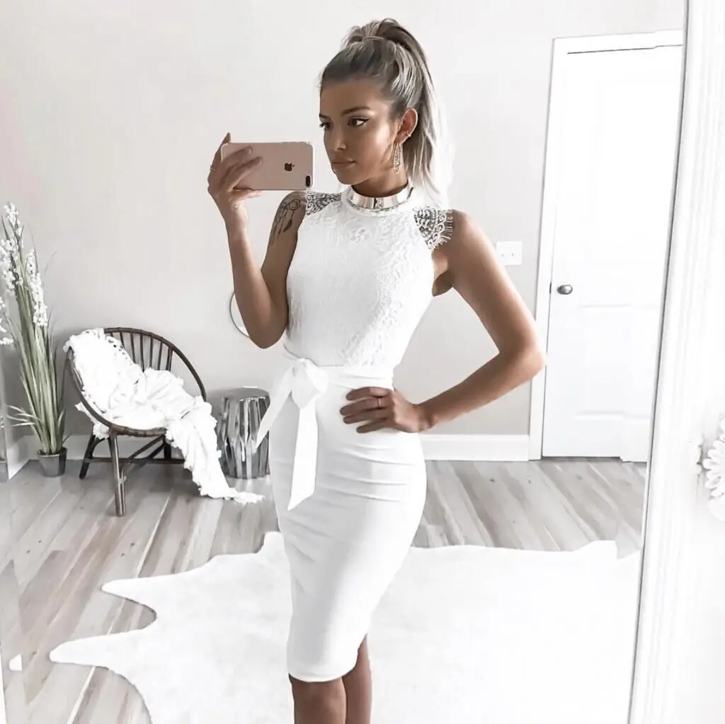 Sexy Sleevelss White Lace Bodycon Dress Women Summer Slim Party