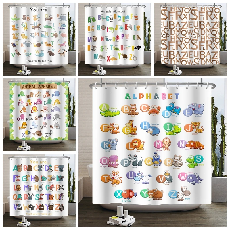 

Детская Водонепроницаемая занавеска для душа, занавеска из ткани с мультяшными животными, французскими цифрами и испанским алфавитом