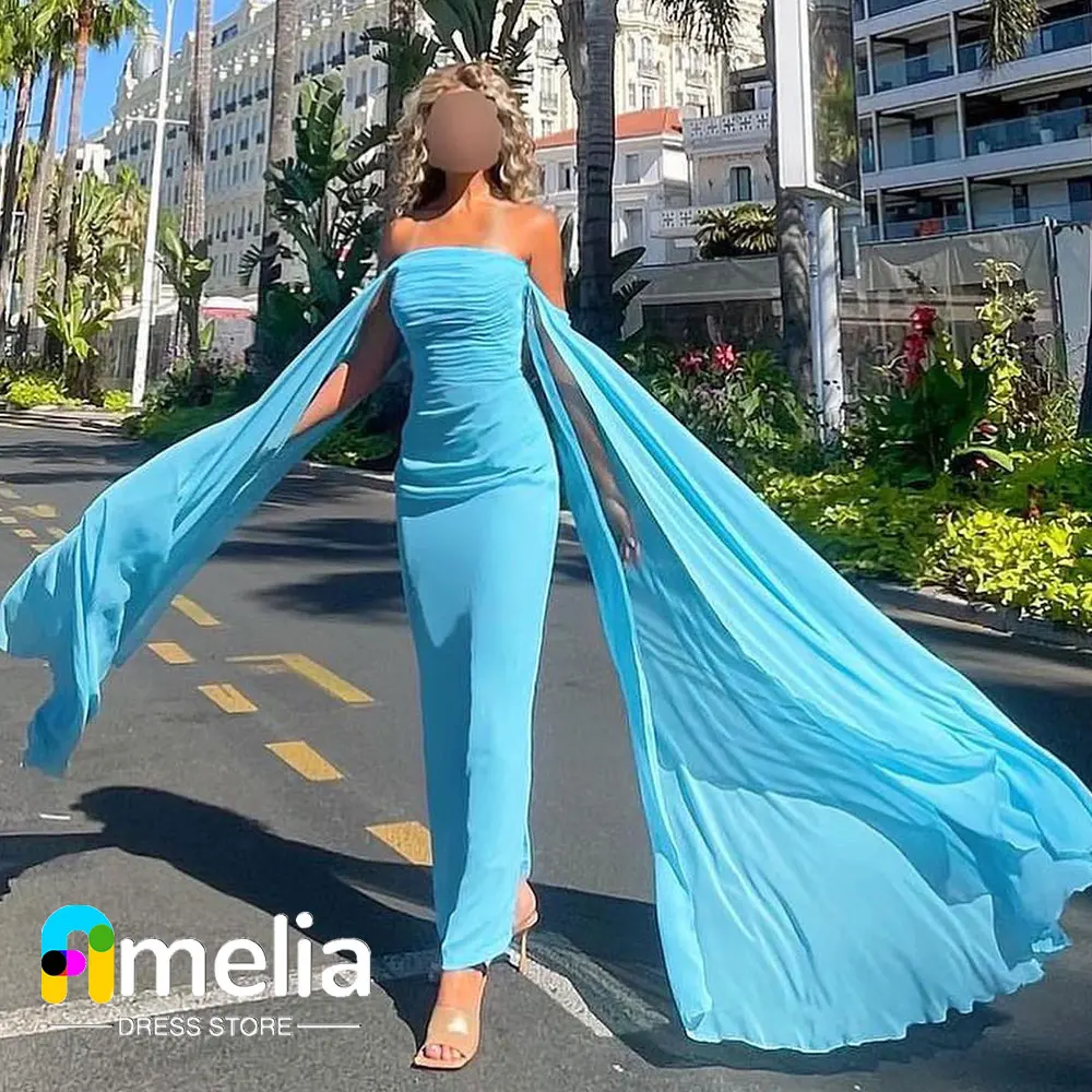 

Amelia Blue Strapless Neckline Prom Dress Shawl Sleeves Evening Gowns With Ankle Length Summer Women Wedding Party Dress 2023