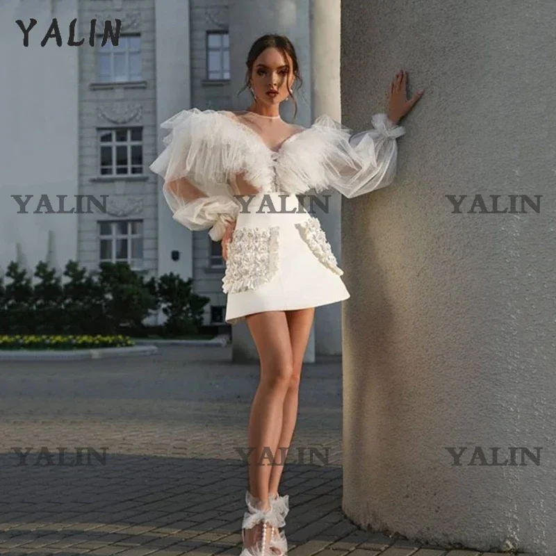 

YALIN Illusion Floral Full Sleeves Prom Dresses Above Knee Length Tulle Cocktail Party Backless Short Homecoming