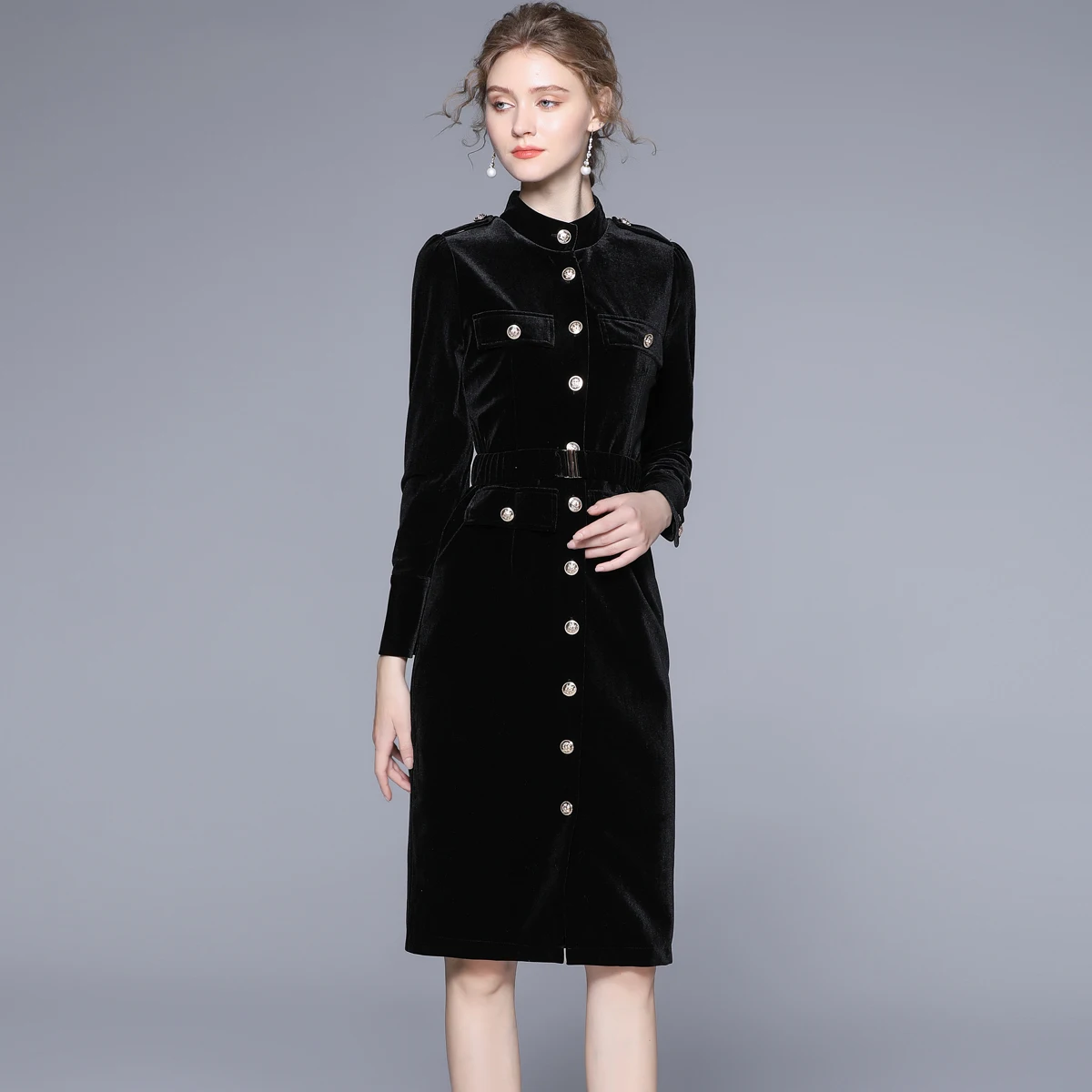

Velvet Dress Women Luxury Stand Collar Long Sleeve Single-Breasted Straight Winter Dresses Women 2022 Elegant Vestidos De Fiesta