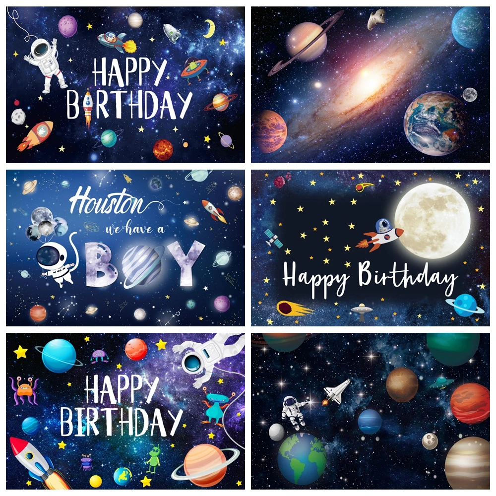 Photo Backdrop Outer Space Happy Birthday Backdrop Universe Planet Galaxy Spacecraft Astronaut Blast Off Rocket Baby Shower Photo Background