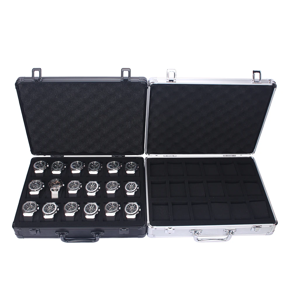 Elegant 18-Slot Aluminum Watch Organizer Box with Brushed Metal Finish, Lockable Jewelr... - SKU LJSC2135 - UGI Packaging