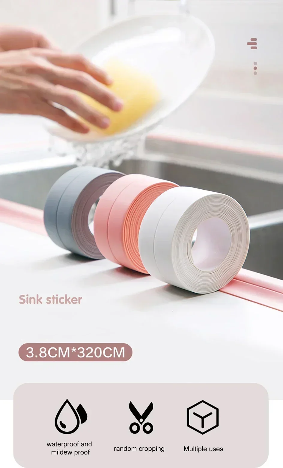 Description Picture 2 of item3.2M Self Adhesive Sealant Tape PVC Kitchen Sink Edge Caulking Tape Waterproof Bathroom Toilet Corner Sticker