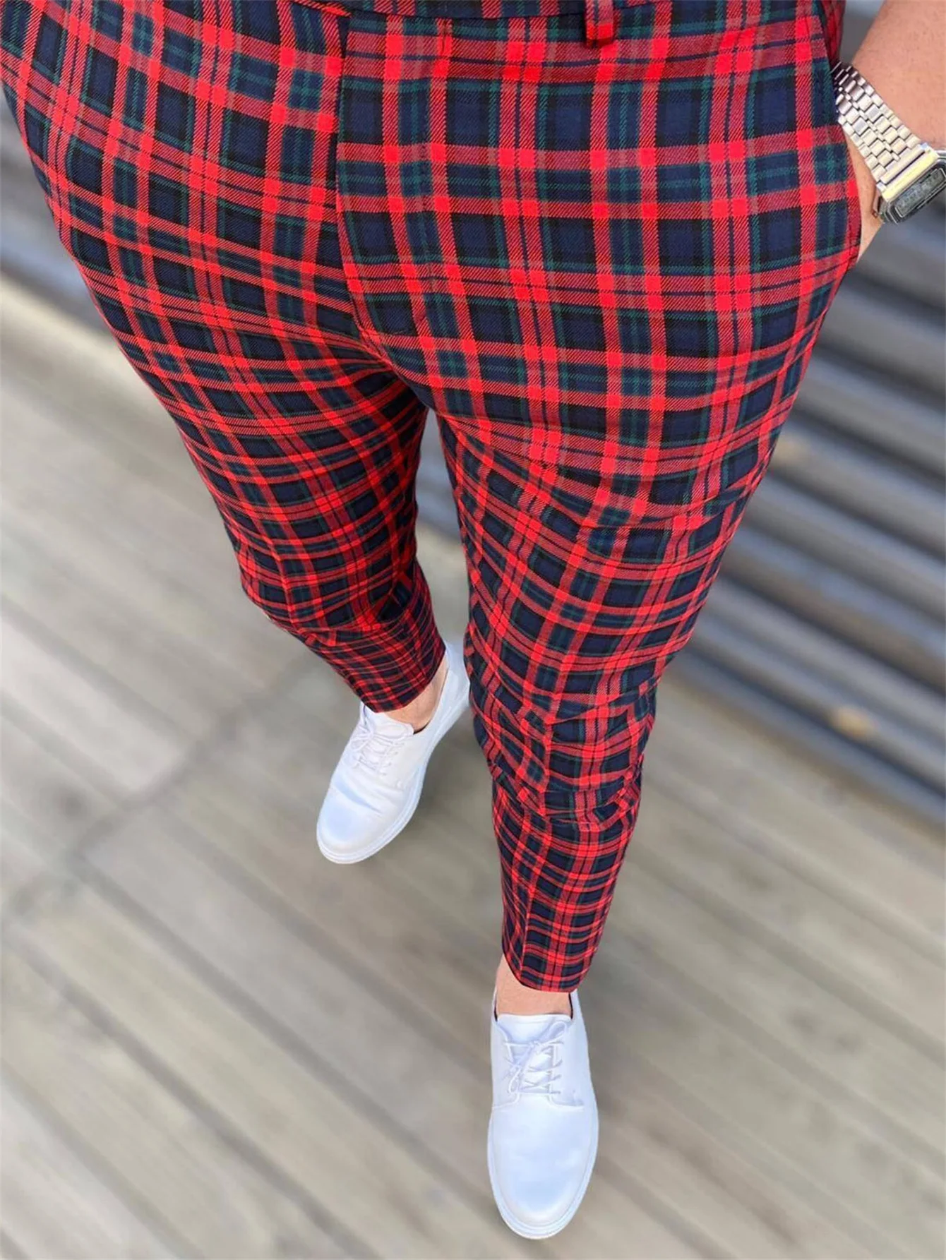 mens fashion plaid pants casual vintage style slightly stretch dress pants