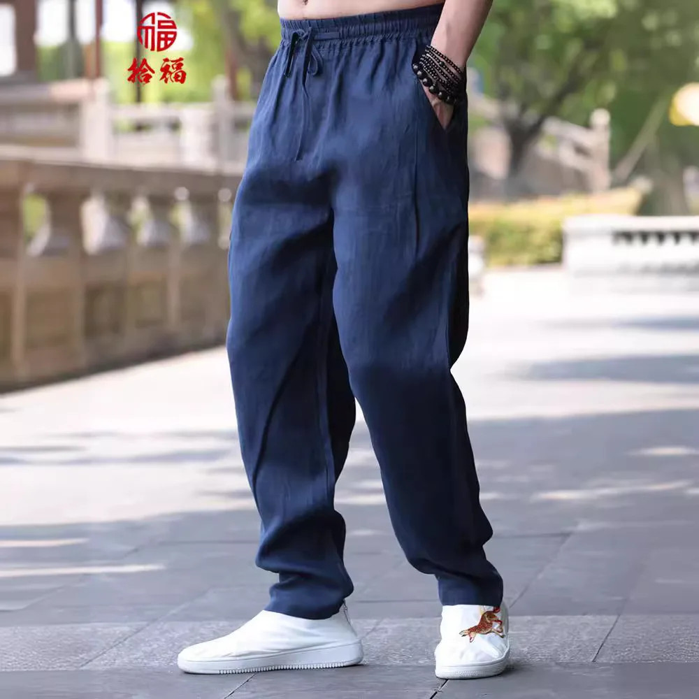 Mens Cotton Linen Summer Pants High Elastic Waist Wide Leg Trousers
