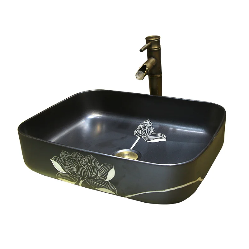 

Custom Ceramic Zen Black Countertop Single Basin Square Large Wash Basin Lotus Nordic New Chinese Household Single Hole Water Ba