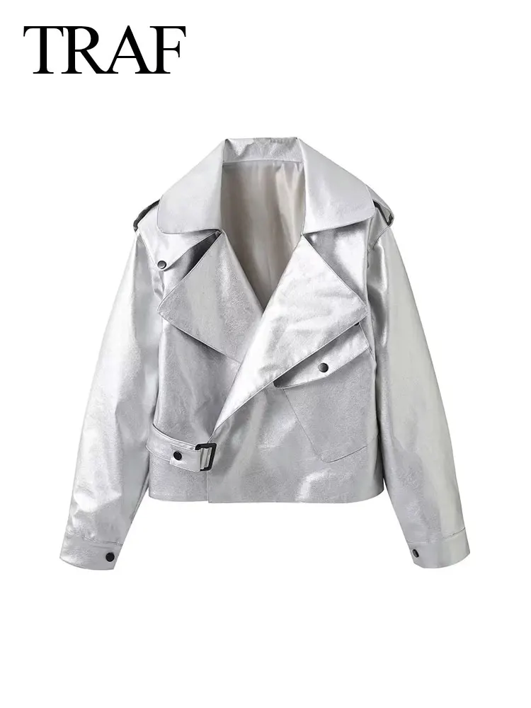 

TRAF Spring Women's Fashion Trendy Silver Leather Jacket Long Sleeve Woman V Neck Loose PU Short Jackets Stretwear Female Coat
