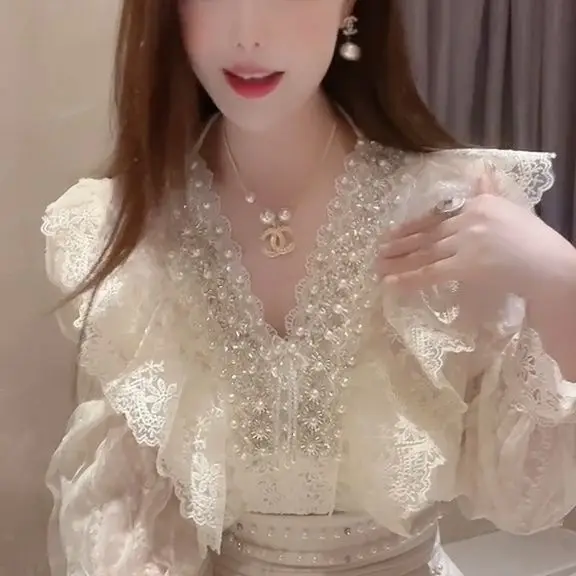 중공업 비즈 러플 레이스 셔츠, 봄 및 여름, 버블 슬리브, V넥 탑, 신상 패션