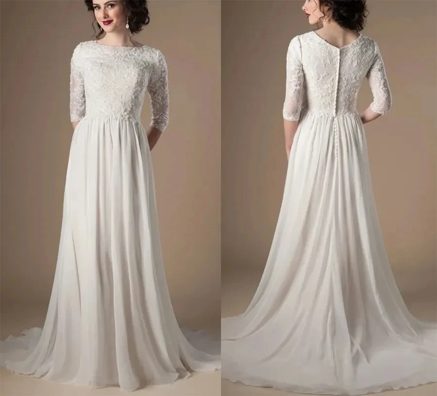 

Modest Wedding Dresses With 3/4 Sleeves Appliques Lace A-line Chiffon Boho Bridal Gown Ivory Informal Reception Wedding Gowns