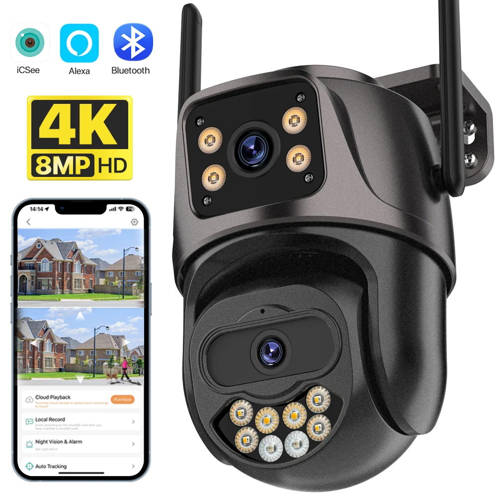 8MP 4K PTZ Wifi Camera Dual Lens Dual Screen 4MP HD Wireless Outdoor IP Camera AI Human Detection P2P Video Surveillance iCSee