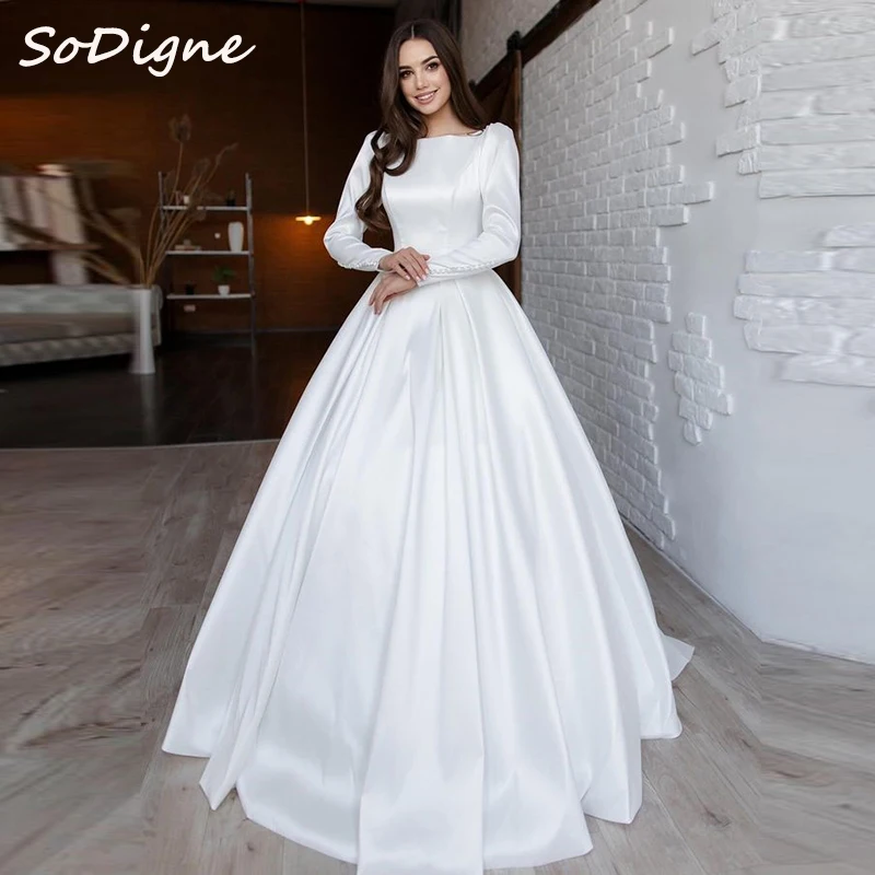 SoDigne A-line Satin Simple Wedding Dresses O-neck Full Sleeves Appliques Bridal Dress Long Bridal Gown Customized