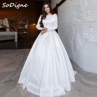 SoDigne A-line Satin Simple Wedding Dresses O-neck Full Sleeves Appliques Bridal Dress Long Bridal Gown 2025 Customized 1
