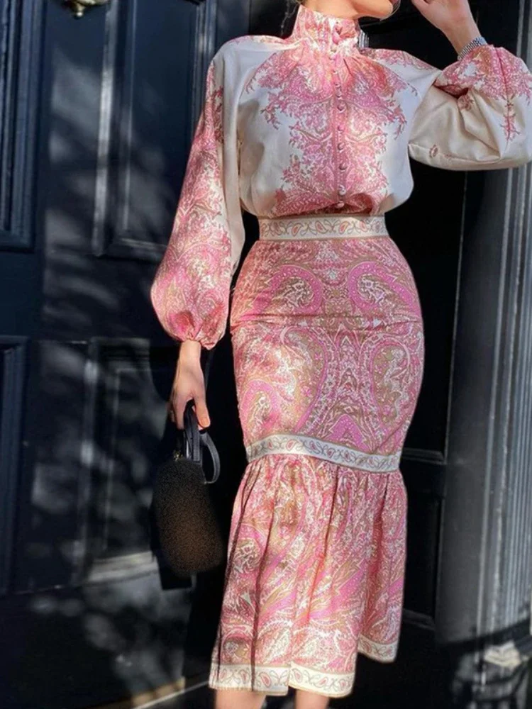 

Women Elegant Bohemia Two Pieces Set Long Sleeve Single Button Printed Blouse Draped Package Hip Skirt Evening Party Event Suit