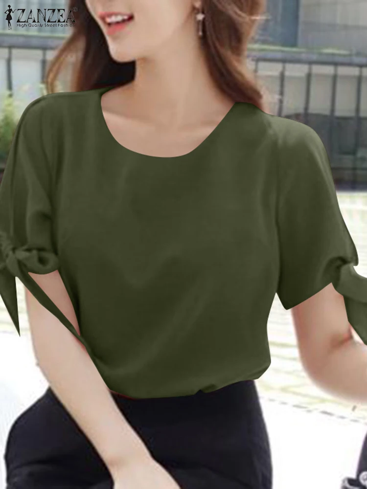 

ZANZEA Woman Casual Solid Color Blouse Summer Fashion Tied Cuffs Blusas Short Sleeve O-Neck Tunic Tops Elegant Holiday T-shirts