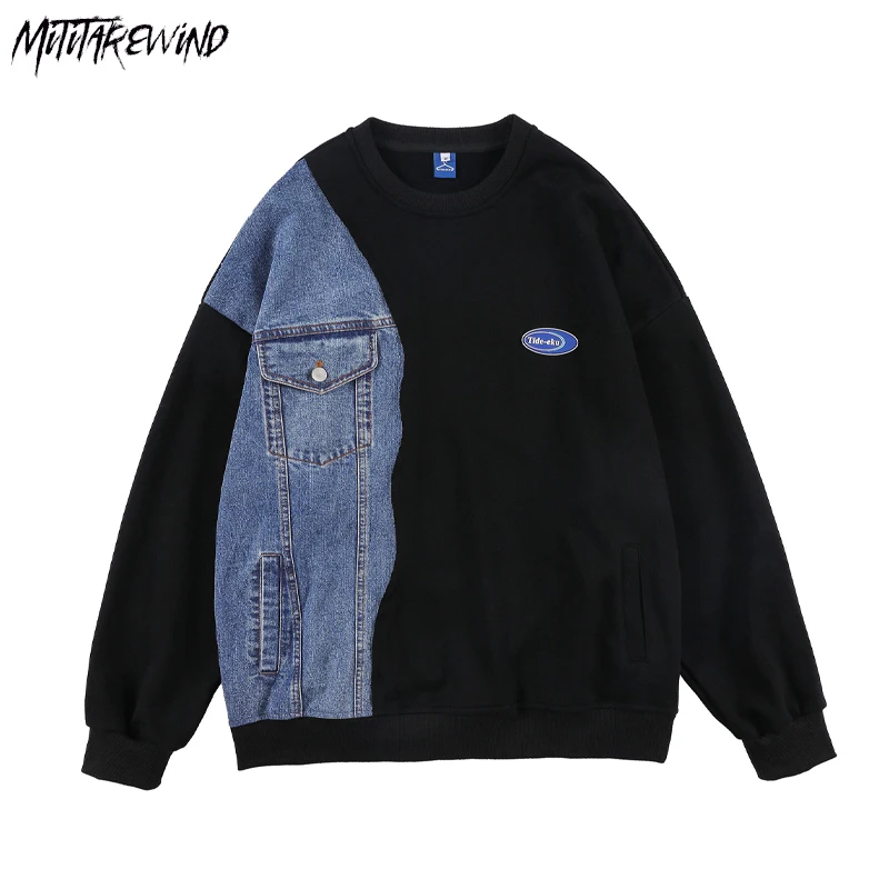 

Denim Spliced Hoodies Men High Street Round Neck Pullover Sweatshirt Streetwear Fashion Casual Loose Autumn Tops Unisex 2023