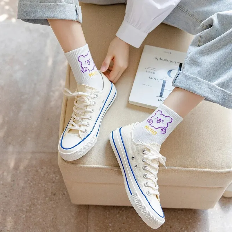 6 Pairs of Women's Spring and Summer Four-seasons Cartoon Fashion Sweet Letter Slogans Cute Comfortable Simple Mid-length Socks 5