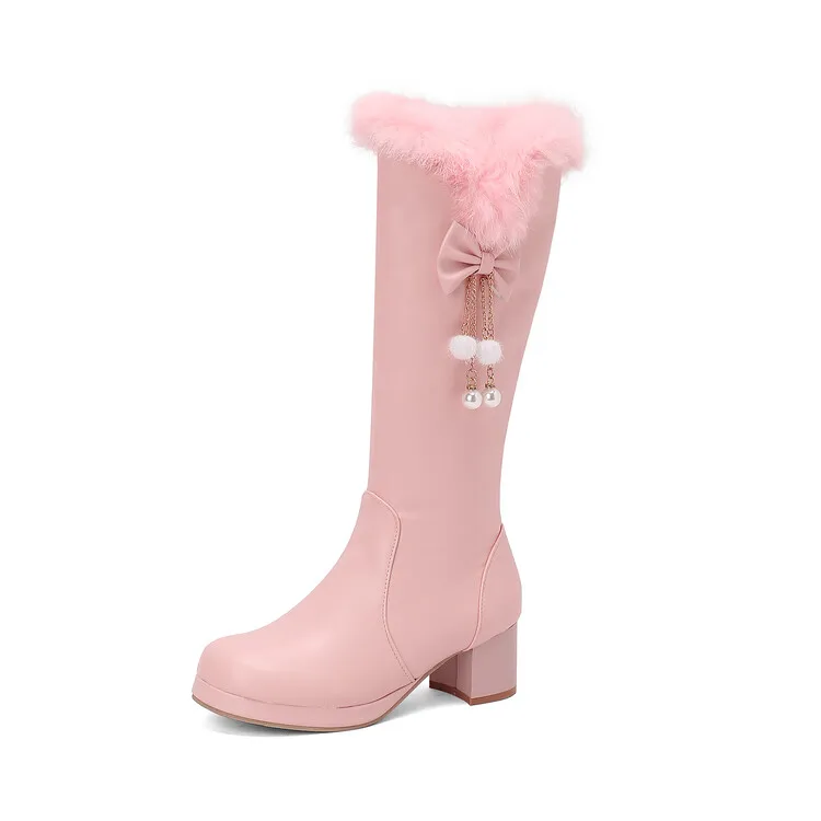 【DEINET】POM POM FUR BOOTS ★韓国人気★ 追跡付 LeShion of Chanmeb Woman Faux Fur Knee-high Boots Pure White