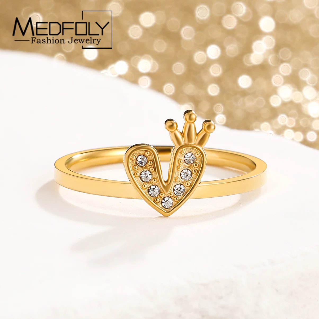 MEDFOLY Size:6-9 Crown Love Heart Rings for Women Exquisite Stainless Steel Gold Cubic Zirconia Rings Promise Wedding Jewelry
