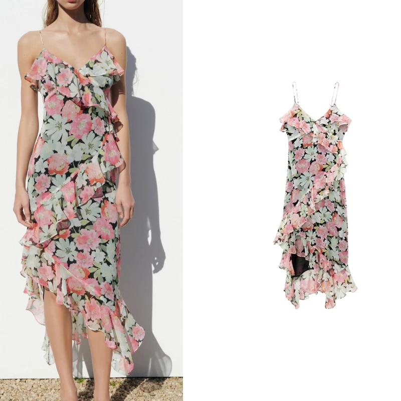 

2023 New Women Vacation Style Fragmented Flower Layered Print Hanging Strap Sexy V-Neck Dress Summer High Street Elegant Dress