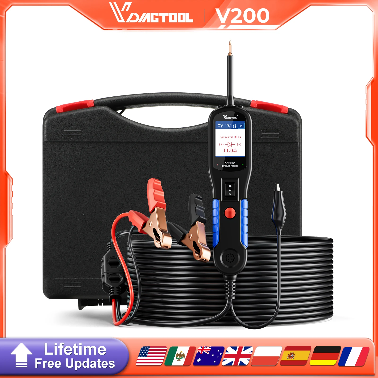 VDIAGTOOL V200 Probador de Circuitos Eléctricos para Automóviles 6V-30V, Kit de Sonda de Potencia Automotriz, Probador de Sistema Eléctrico con Pantalla LCD, Herramientas de Diagnóstico Eléctrico ﻿