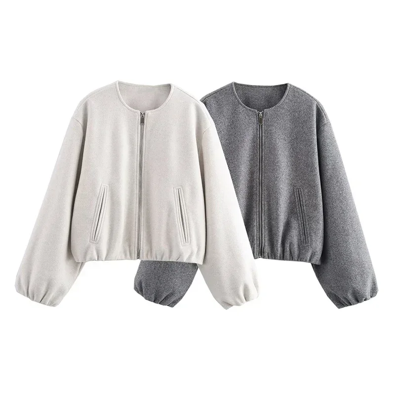 Retro Solid Woolen Women's Bomber Jacket Long Lantern Sleeves Pockets O-neck Loose Female Coat Autumn High Street Outwears
