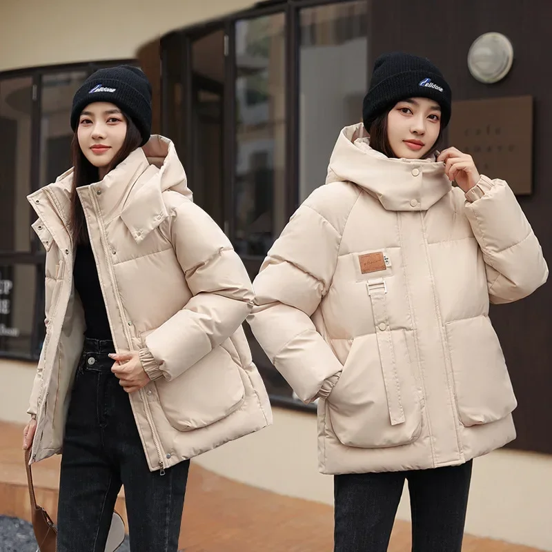 

Korean version women's loose down cotton hooded cotton jacket British style slimming bread jacket pocket jacket