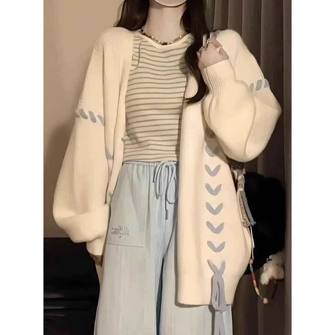 

Y2k Aesthetic Knitted Butterfly Patchwork Women Cardigans Fashion Grunge Pockets Sweaters Harajuku Bandage Loose Casual Coats