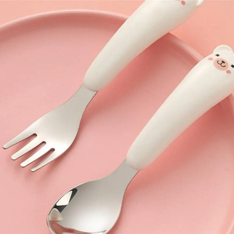 Baby Cartoon Tableware Set Baby Spoon Fork Stainless Steel Toddler Dinnerware Cutlery Infant Food Feeding Utensil Gadgets