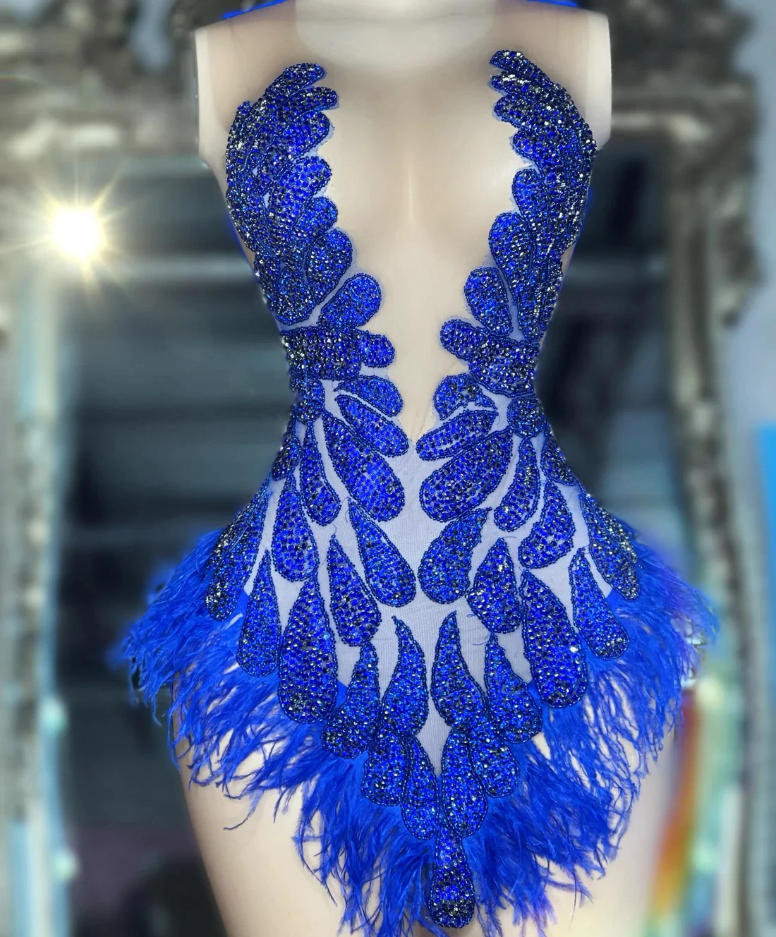 

Royal Blue Sheer Feather Short Prom Dresses Black Girls Sexy Birthday Party Dresses African Mini Cocktail Dresses Homecoming
