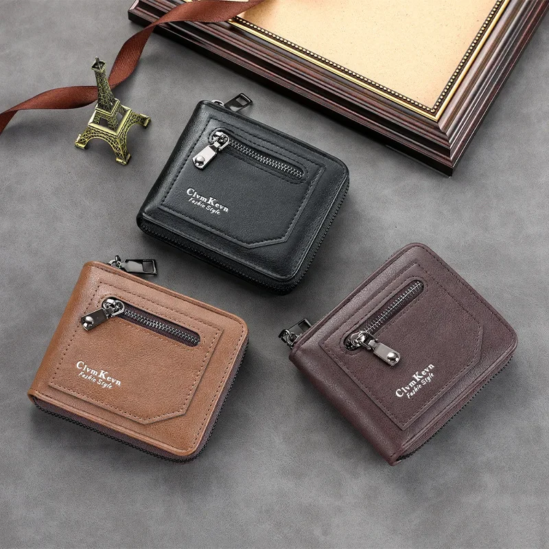 Retro Wallet for Men Zipper Short Leather Men's Wallet Multifunctional Pocket Bifold Purse Fashion Bank Credit Card Holder