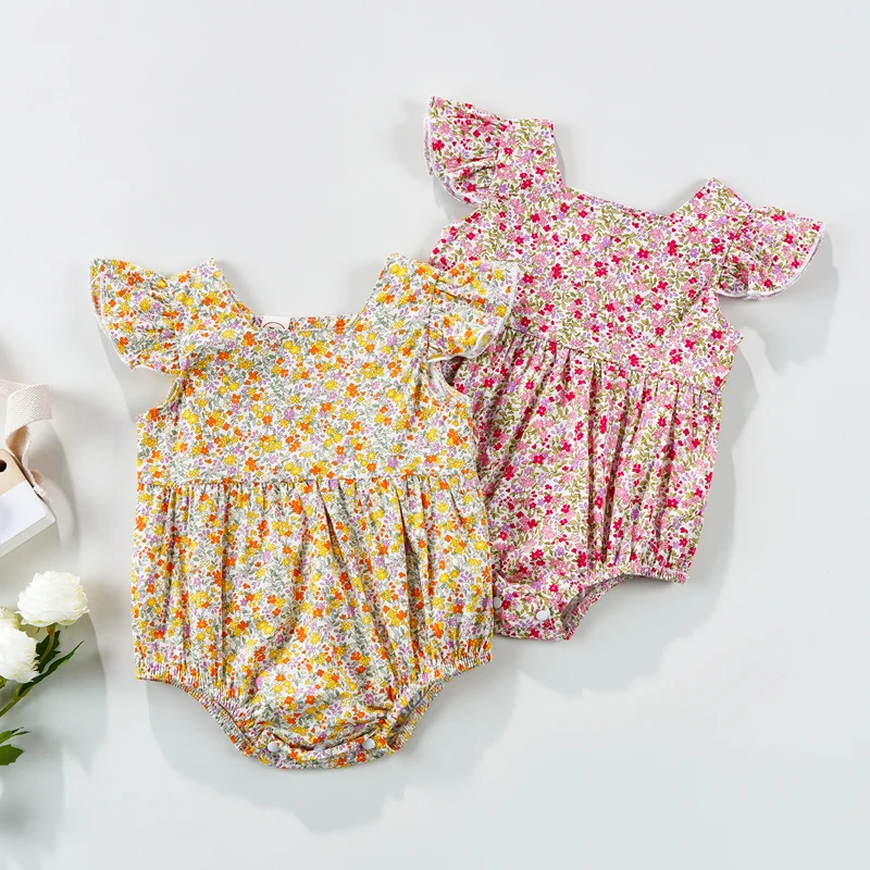 Baby Girl Romper, Short Sleeve Square Neck Floral Buttons Toddlers
