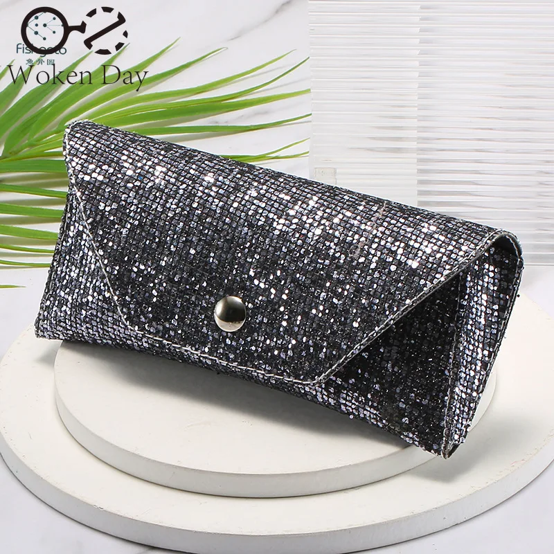 

New Retro Soft Sequins Leather Sun Glasses Case Portable Unisex Leather Sunglasses Bling Box Protective Sequins Glasses Box