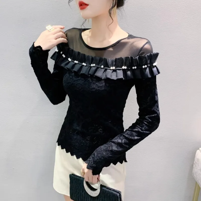 

#9111 Black White Lace T Shirt Women Split Joint Mesh Ruffles Thin Vintage Womens Tee Shirts O-Neck See Through Spring Summer