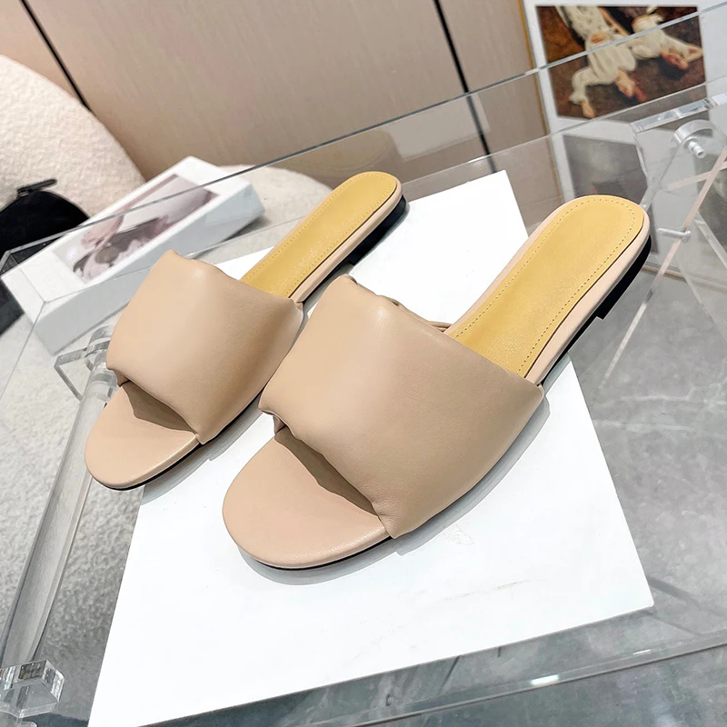 

Summer Female Lazy Slippers 2024 New Candy Colors Genuine Leather Material Sandals Comfort Foot Feel Round Toe Women Home Shoes