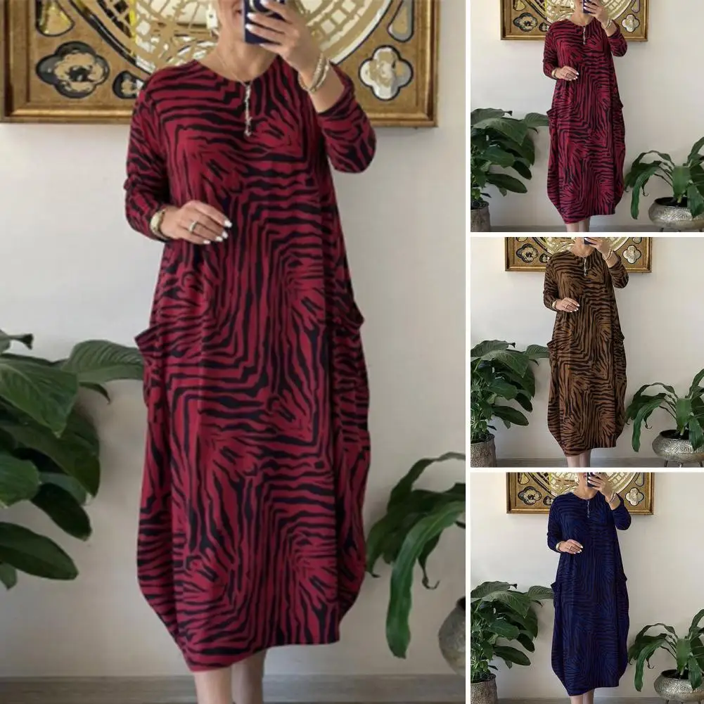 Plus Size Casual Dress Leopard Print Maxi Dress with Long Sleeves Pockets for Women Oversized O Neck Ankle Length Fall Spring