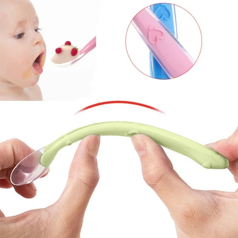 Baby Soft Silicone Spoon with Storage Box Temperature Sensing Spoon Children Food Feeding Dishes Feeder Appliance silicone feeding spoon learning spoons baby cutlery
