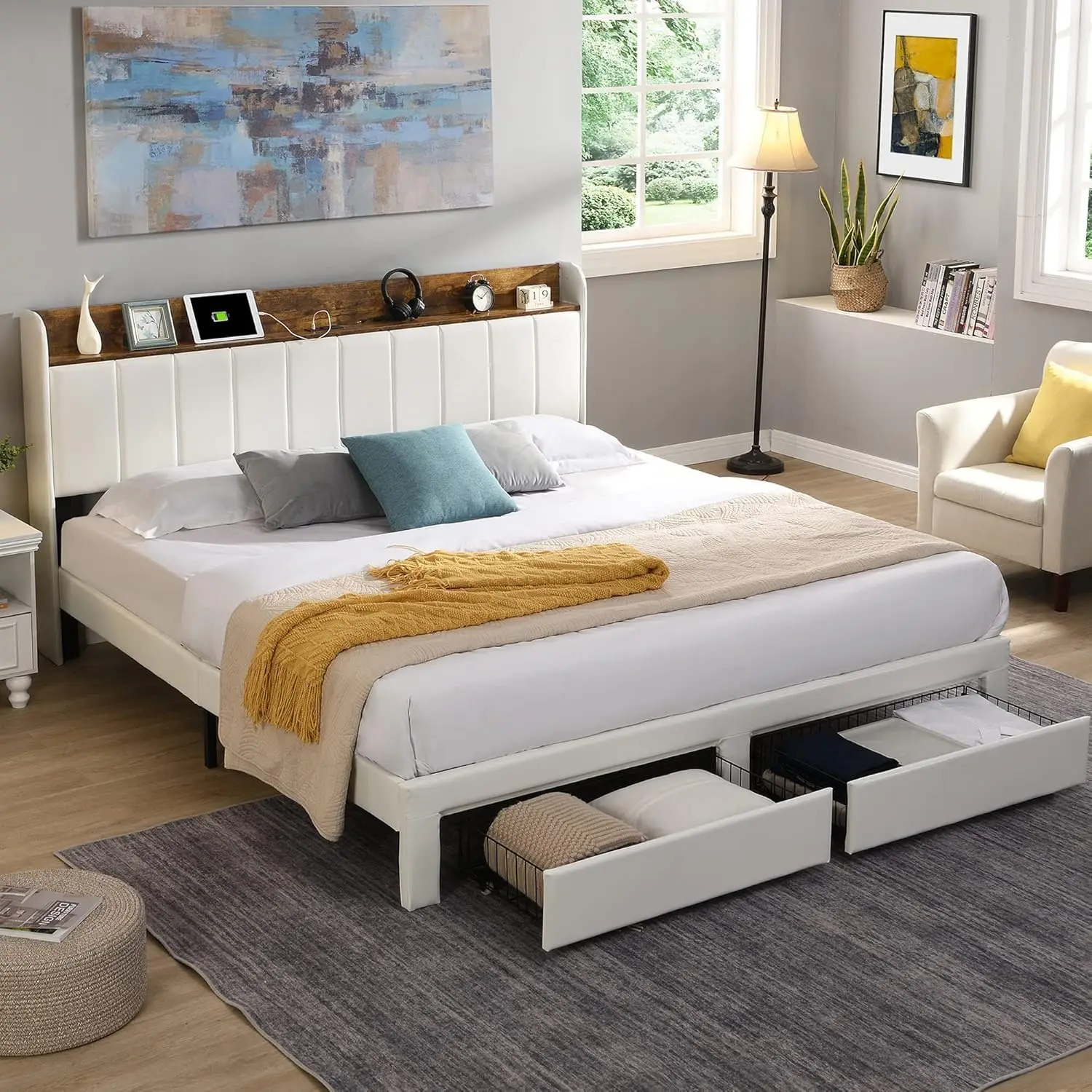 Queen Bed Frame with Headboard & Charging Station, Upholstered Platform Bed Frame with 2 Storage Drawers, Sturdy Wooden Slats