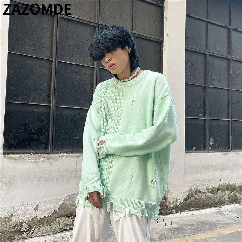 

Spring Men Oversize Knitted Jumper Sweaters Hip Hop Ripped Hole 2022 Streetwear Harajuku Autumn Fashion Casual Pullovers